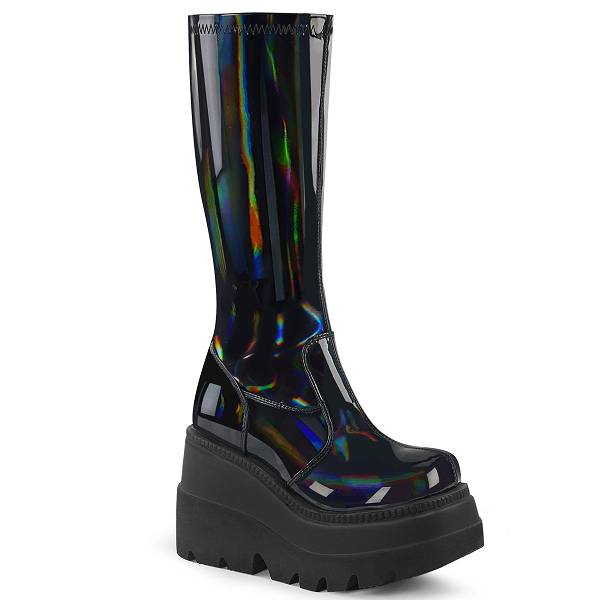 Demonia Women's Shaker-65 Knee High Platform Boots - Stretch Black Patent Holo D9703-82US Clearance
